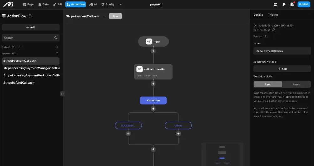 Stripe payment callback Actionflow example