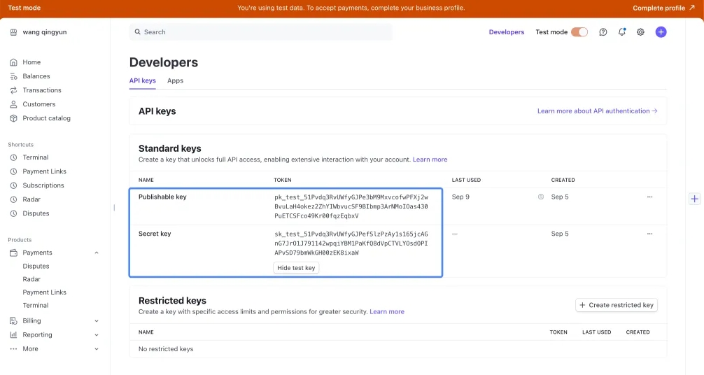 Input Stripe API keys in project settings