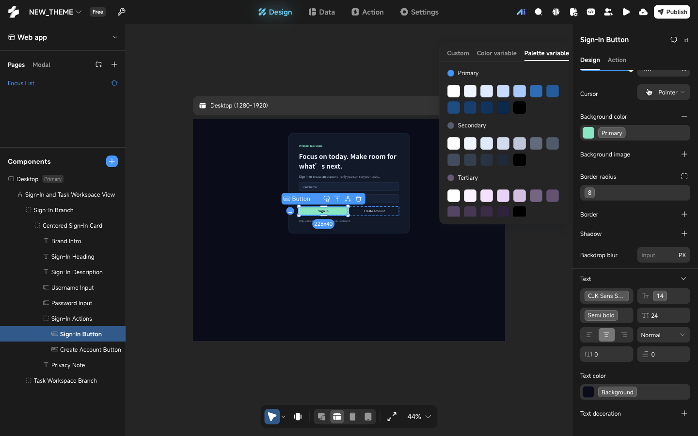 Palette variable tab of the color picker