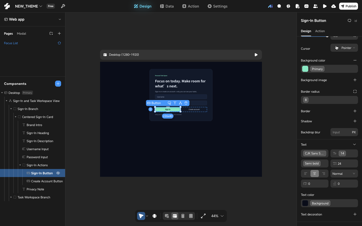 Design panel fields bound to theme variables